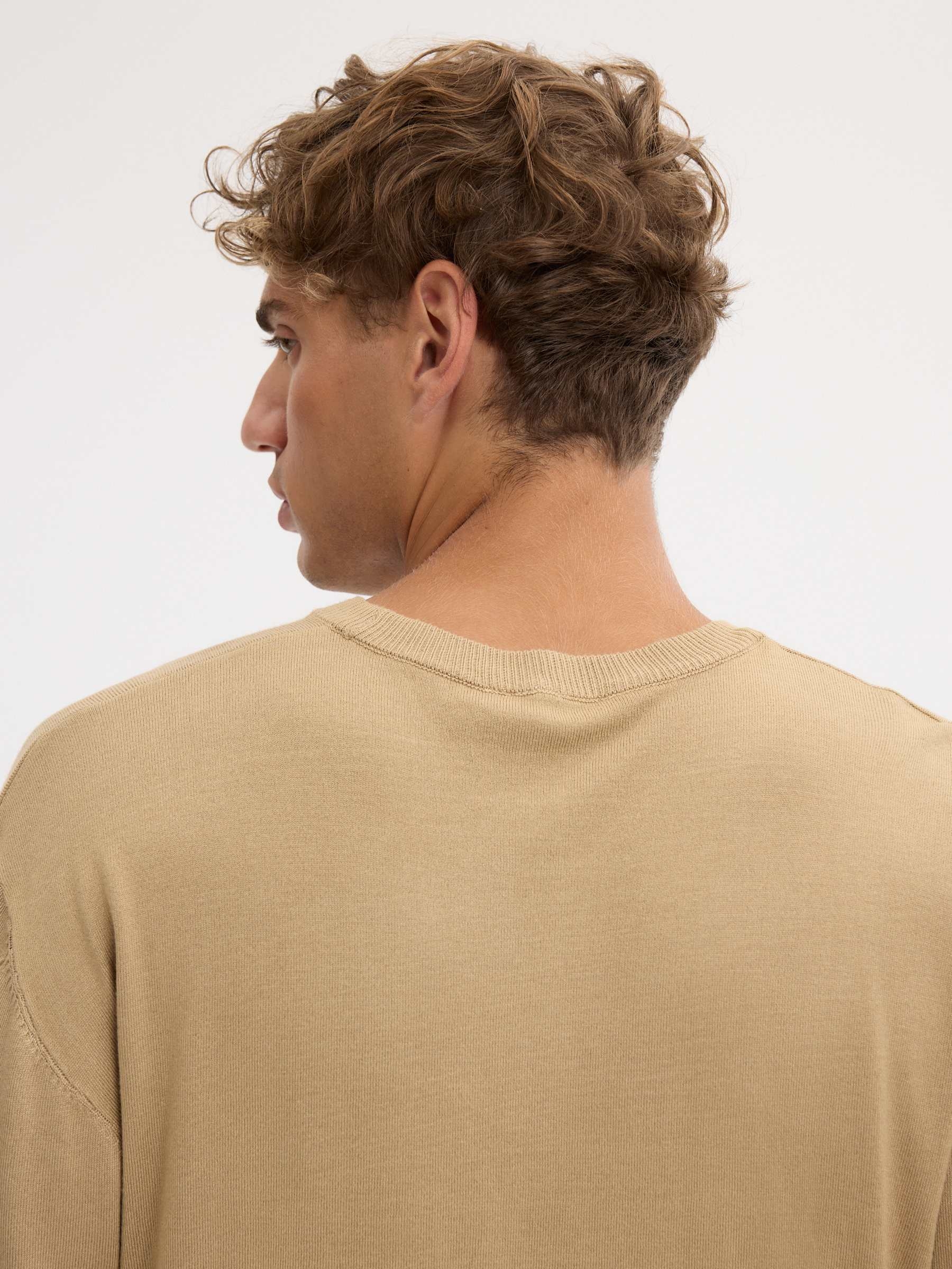 Plain knit jersey crew neck beige middle front view
