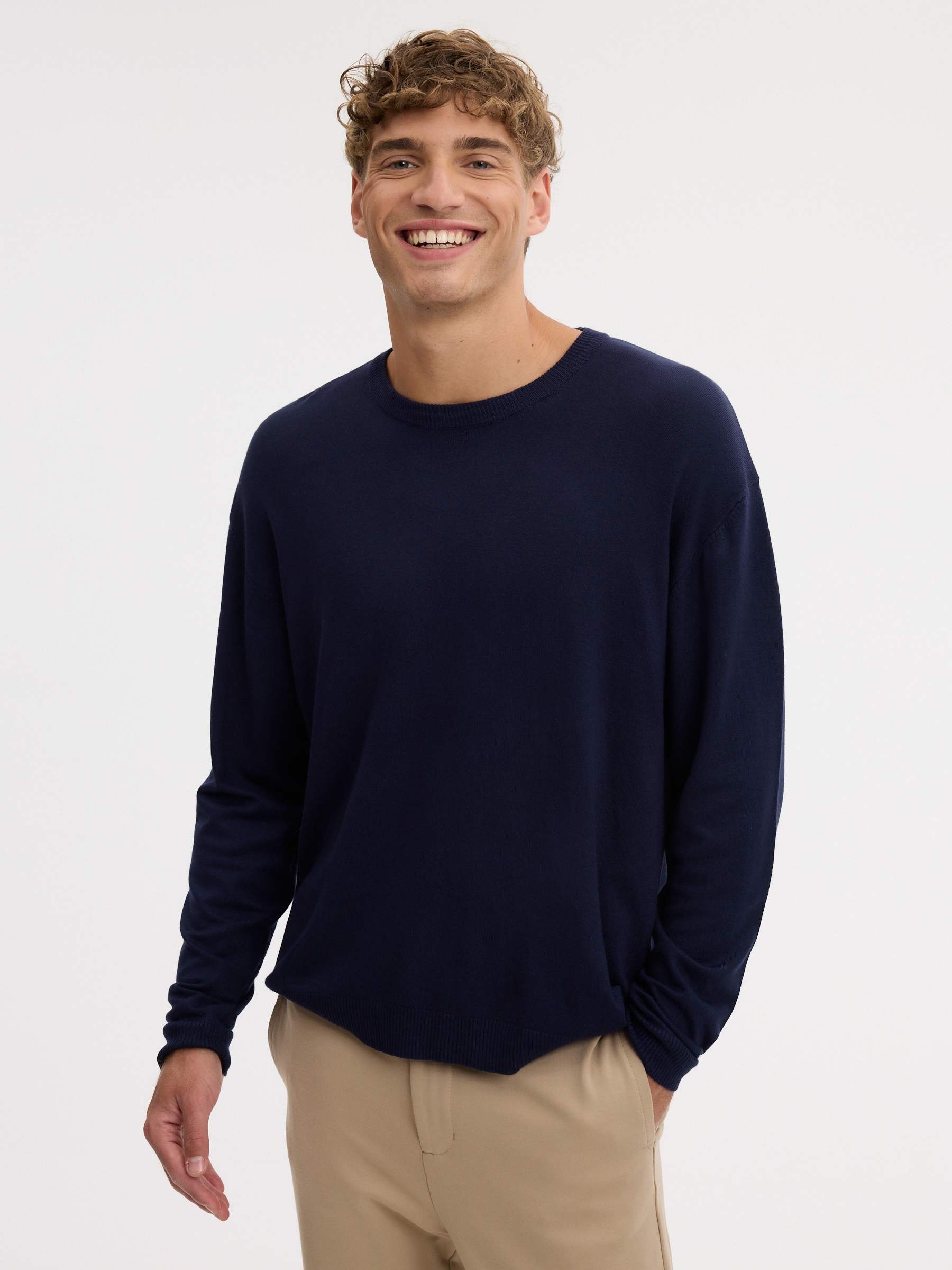 Plain knit jersey crew neck navy middle front view