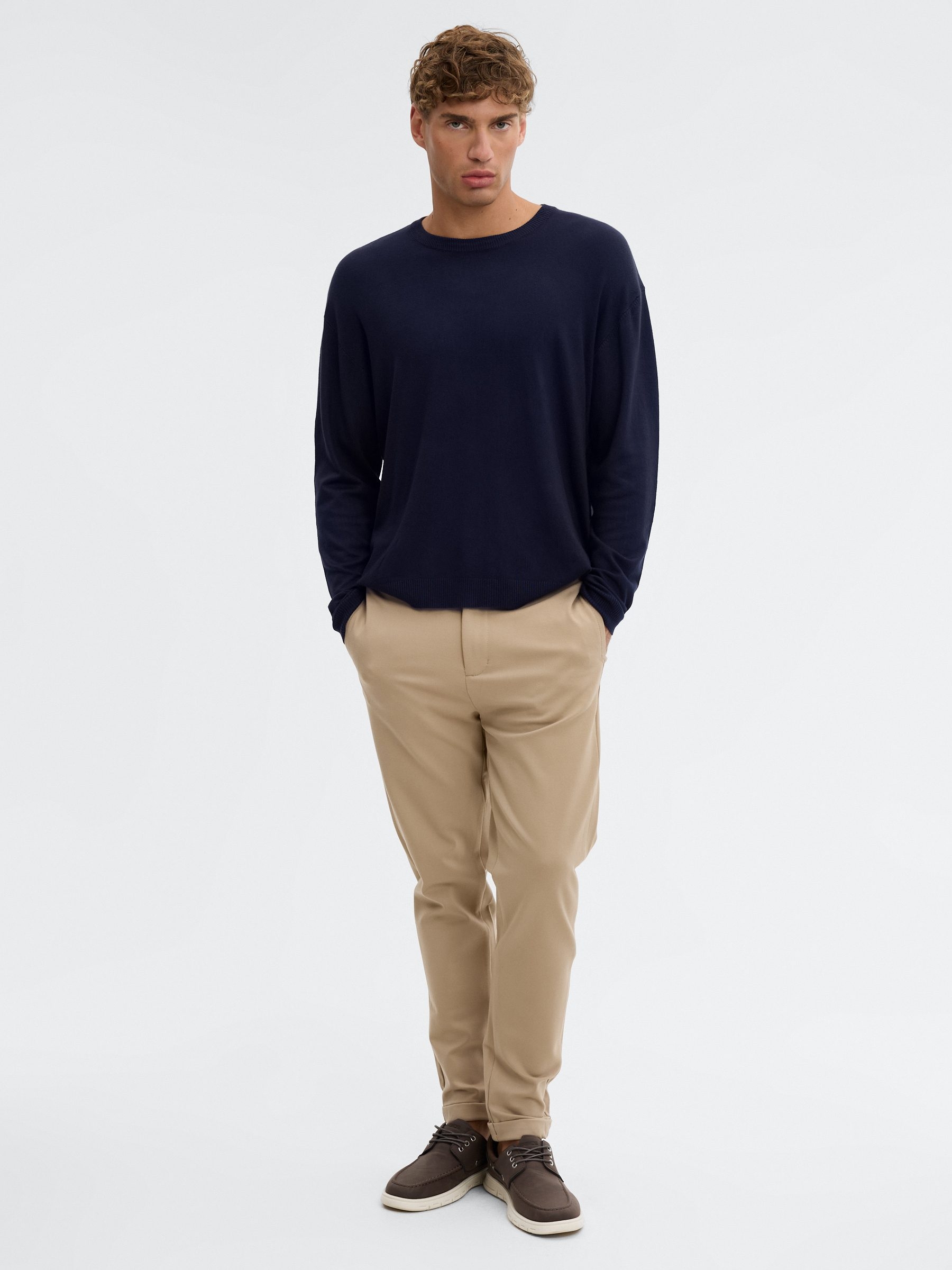 Plain knit jersey crew neck navy middle front view