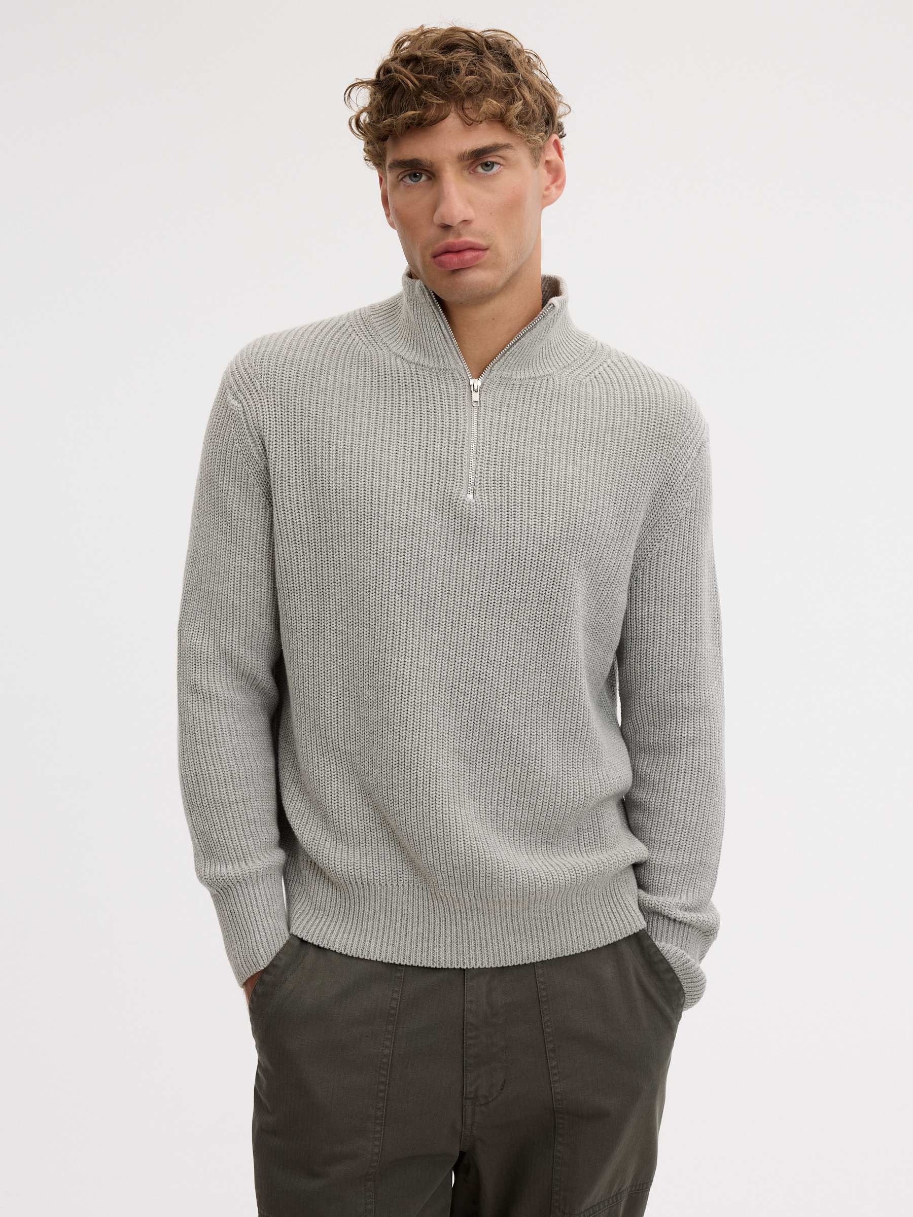Pearl-knit sweater with zipper melange grey middle front view