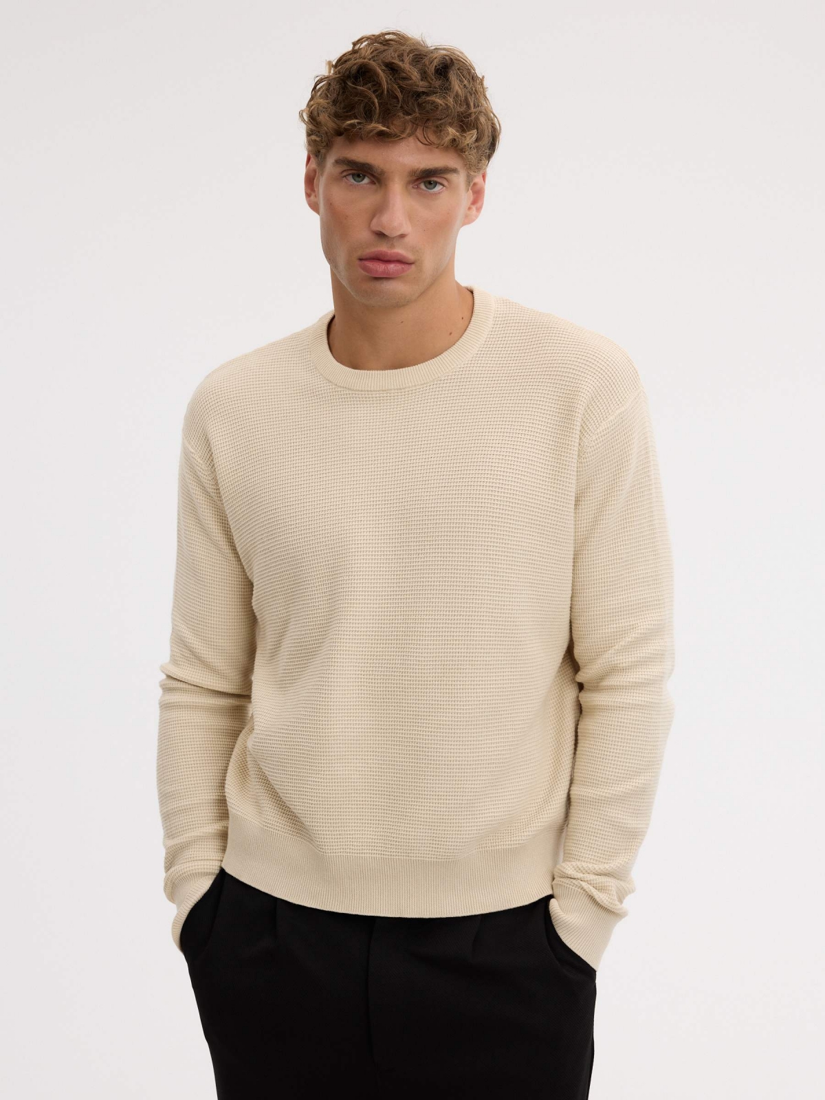 Regular plain-knit crew-neck sweater raw middle front view