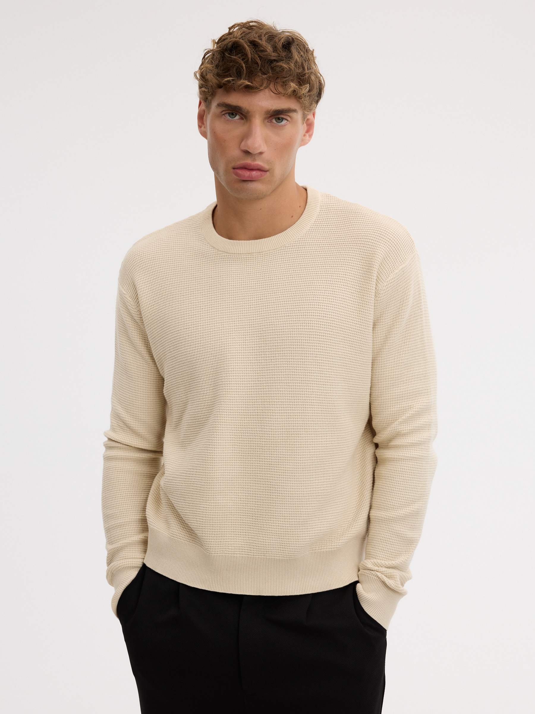 Regular plain-knit crew-neck sweater raw middle front view