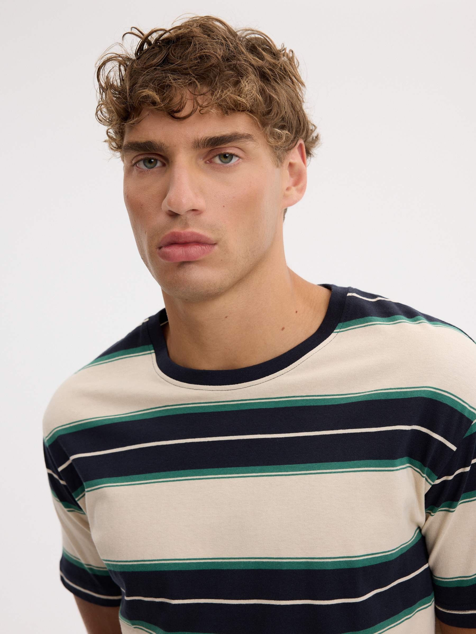 Striped T-shirt with crew neck navy middle front view