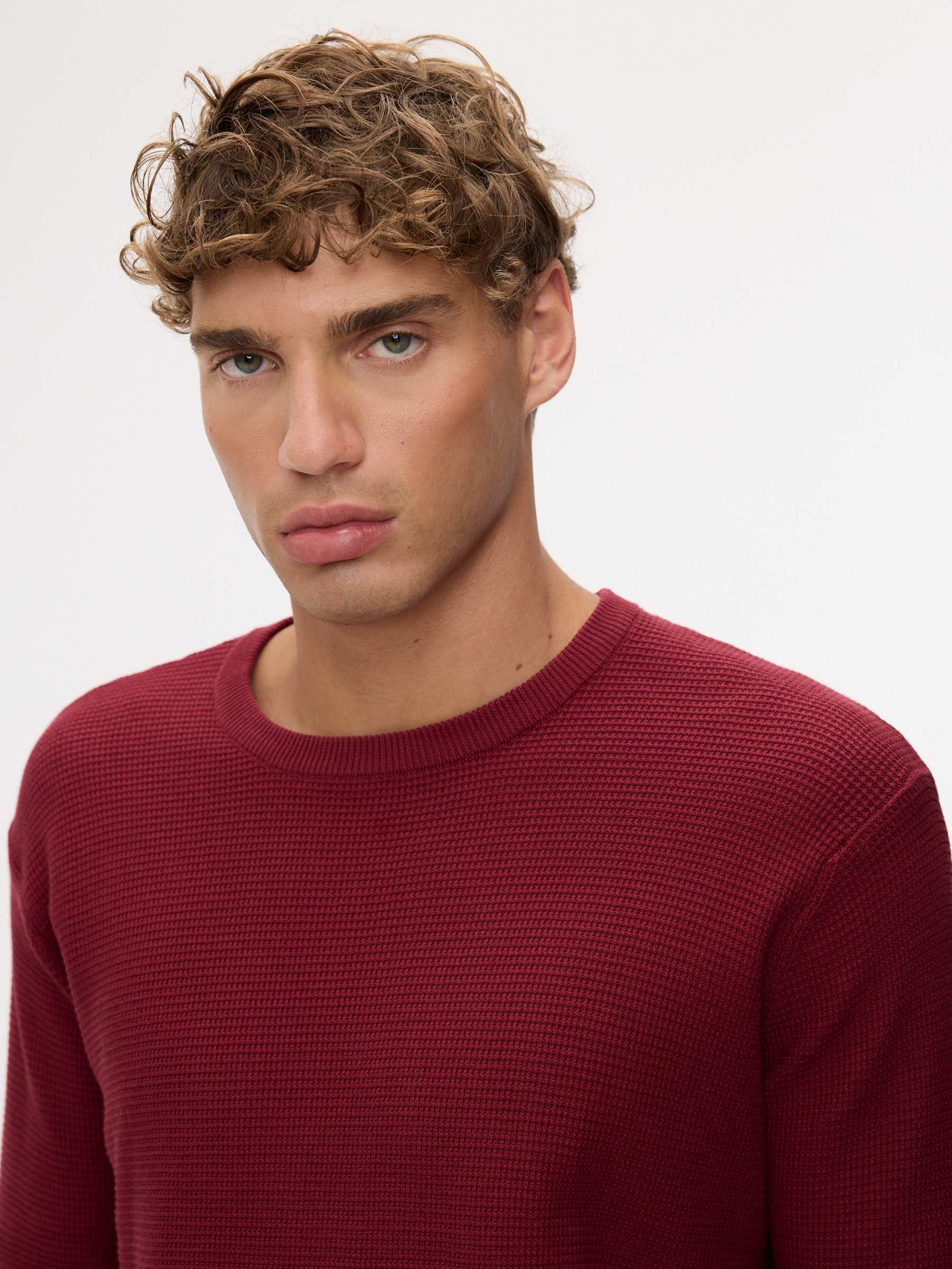 Regular plain-knit crew-neck sweater garnet middle front view