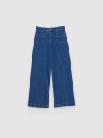 %Pto% High-waisted multi-pocket wide-leg jeans blue front view