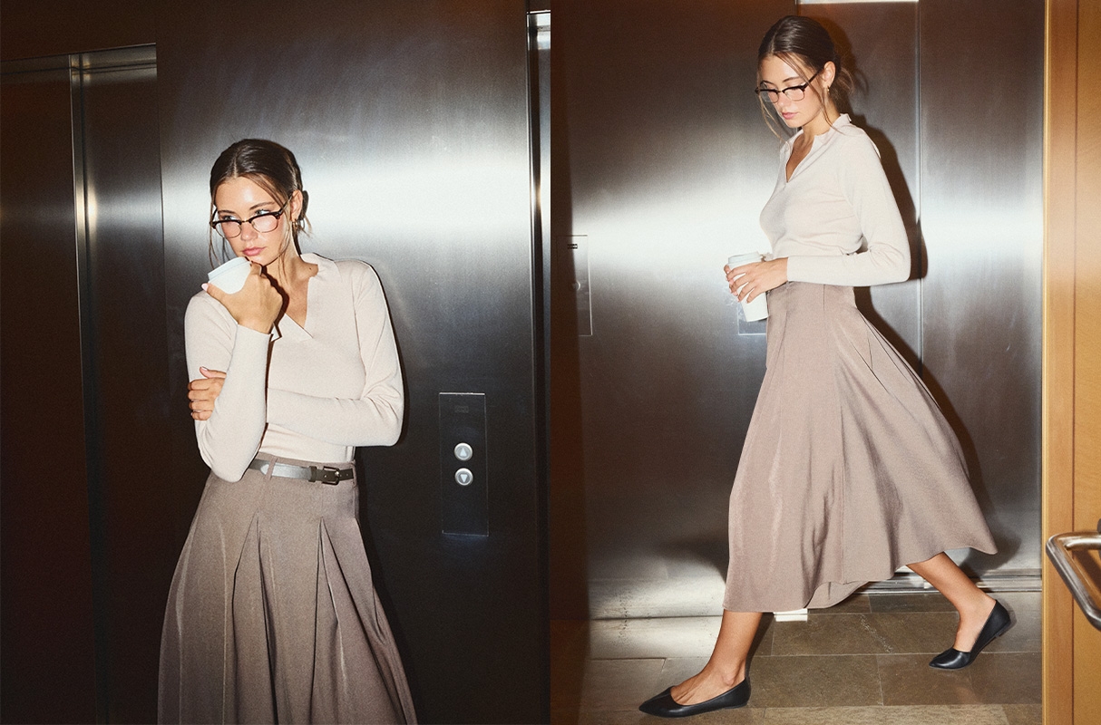 Plain viscose flared midi skirt taupe middle front view