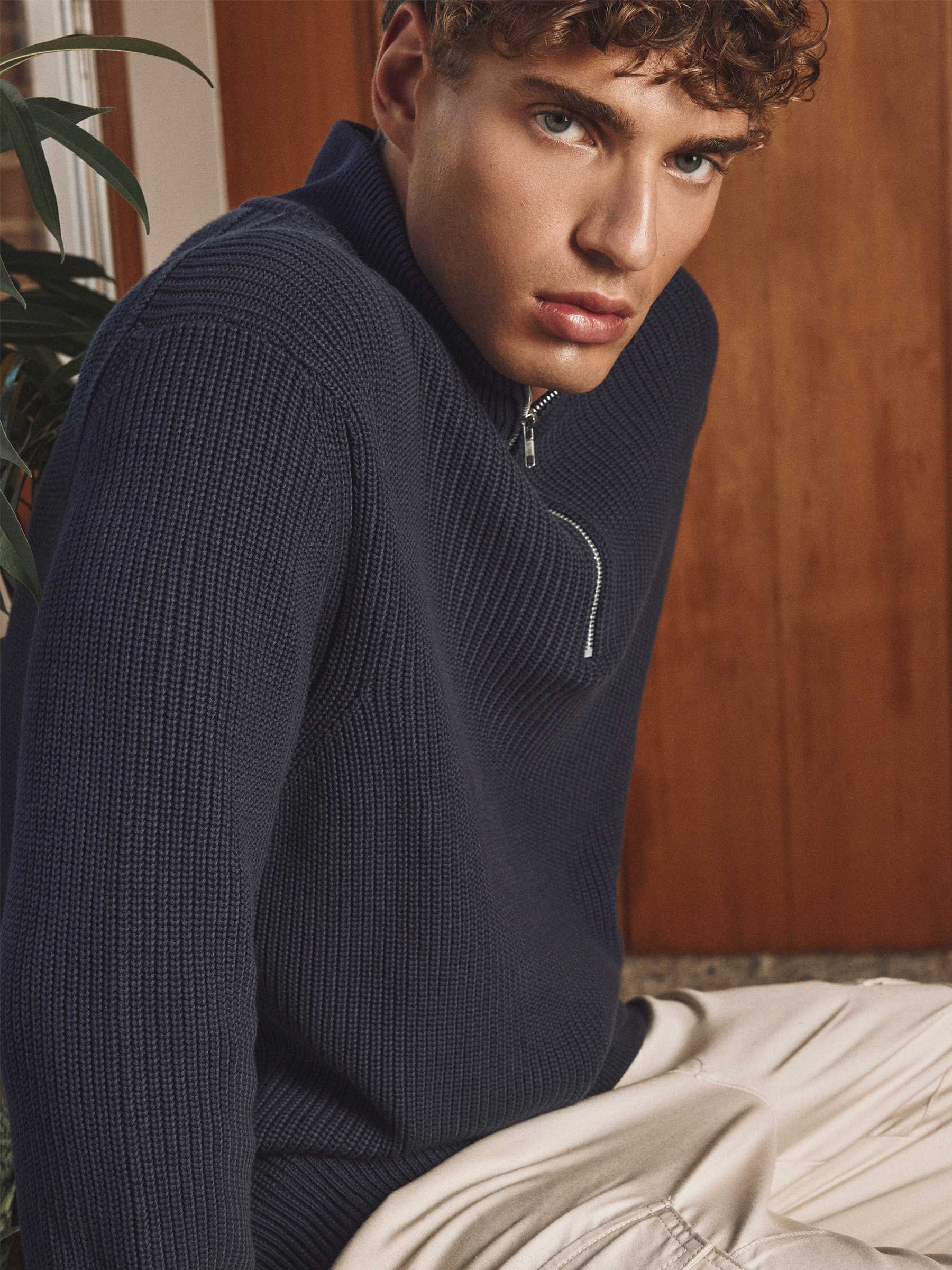 Pearl-knit sweater with zipper navy middle front view