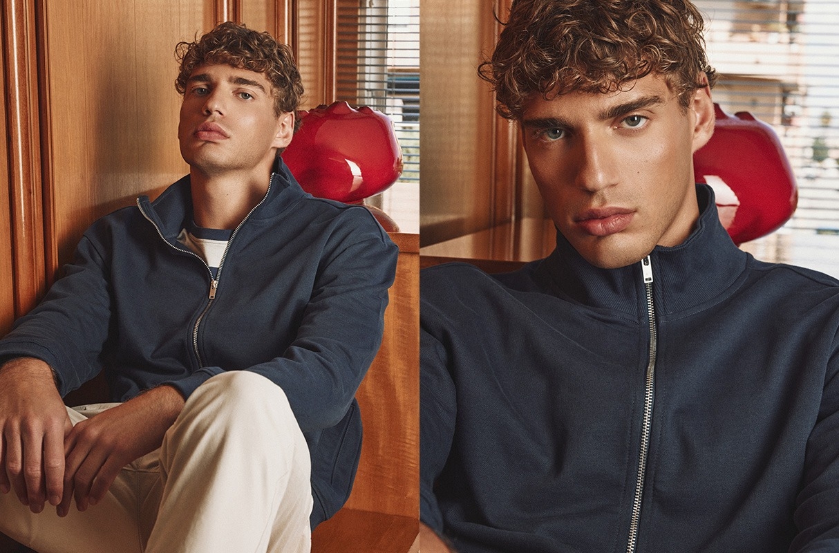 Ribbed zip-up high-neck jacket navy middle front view