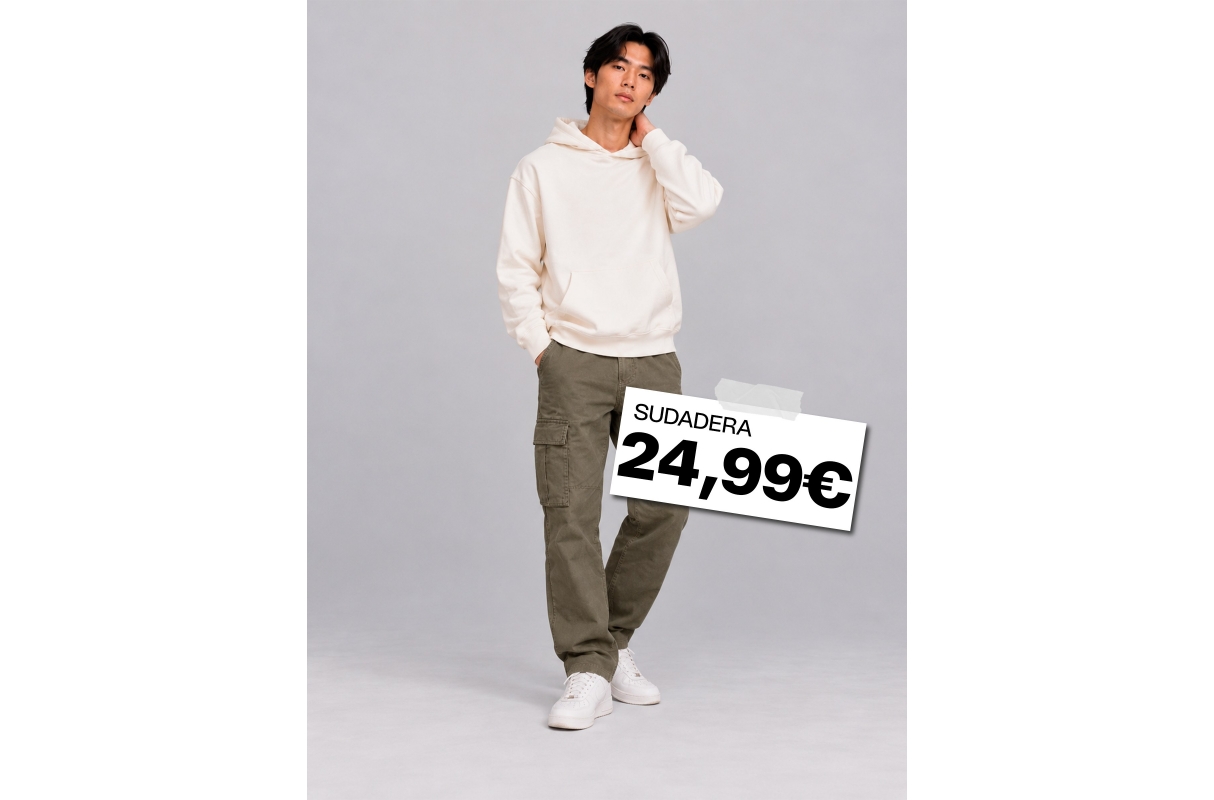 Sudadera capucha básica regular beige vista media frontal