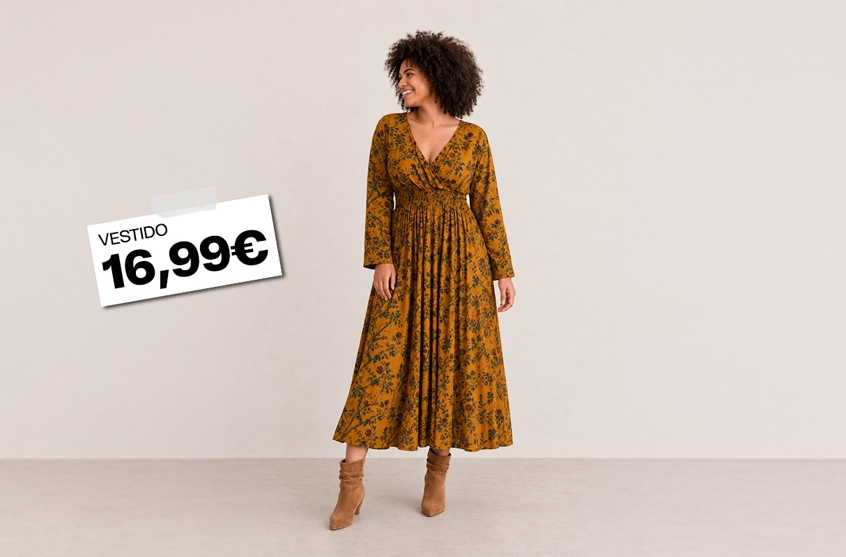  Floral crossover midi dress camel front view