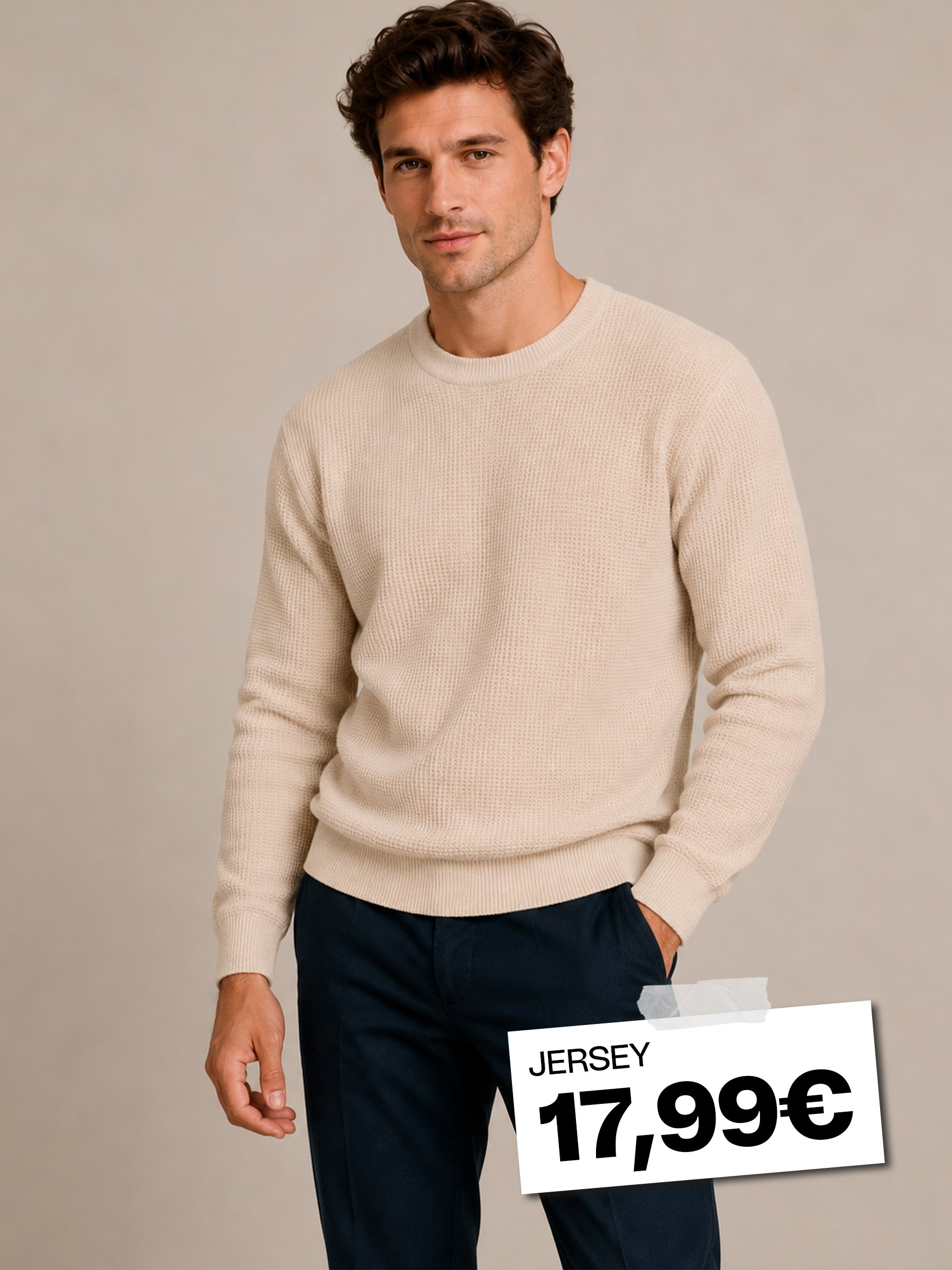 Regular plain-knit crew-neck sweater raw middle front view