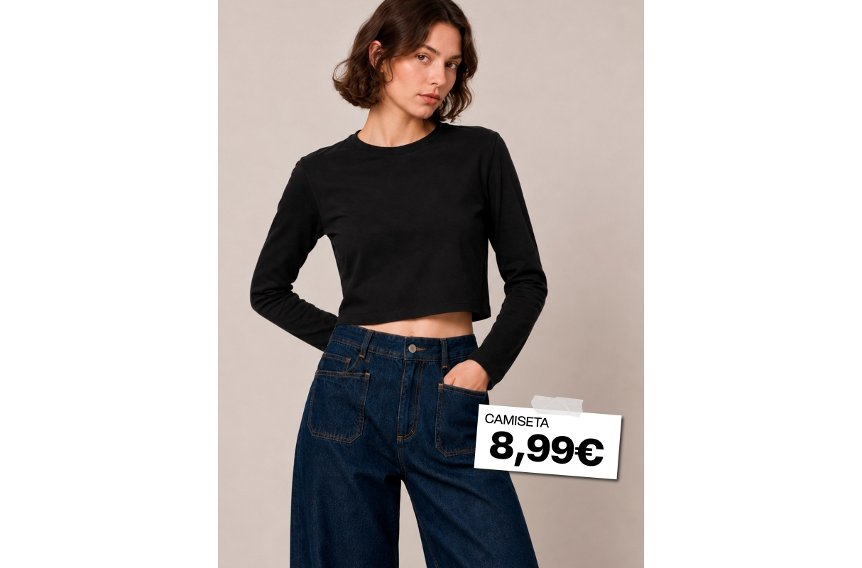  Camiseta básica gola V manga longa preto vista frontal