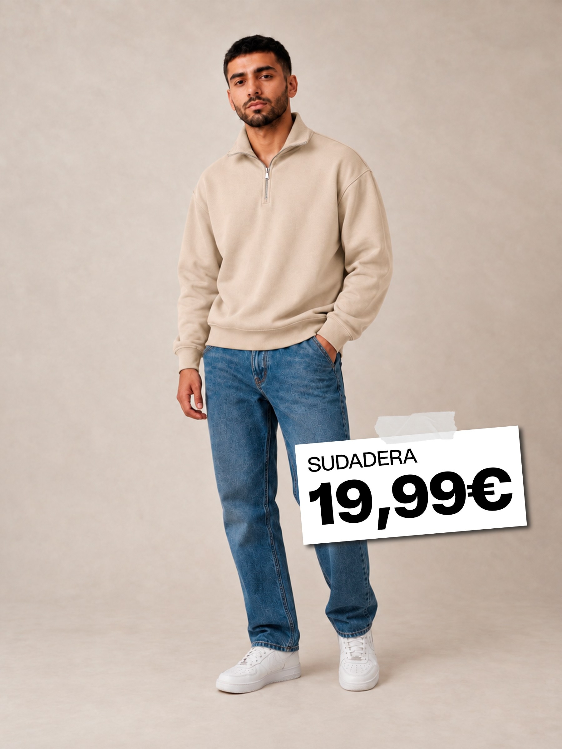Sudadera cremallera semicisne lisa crudo vista media frontal