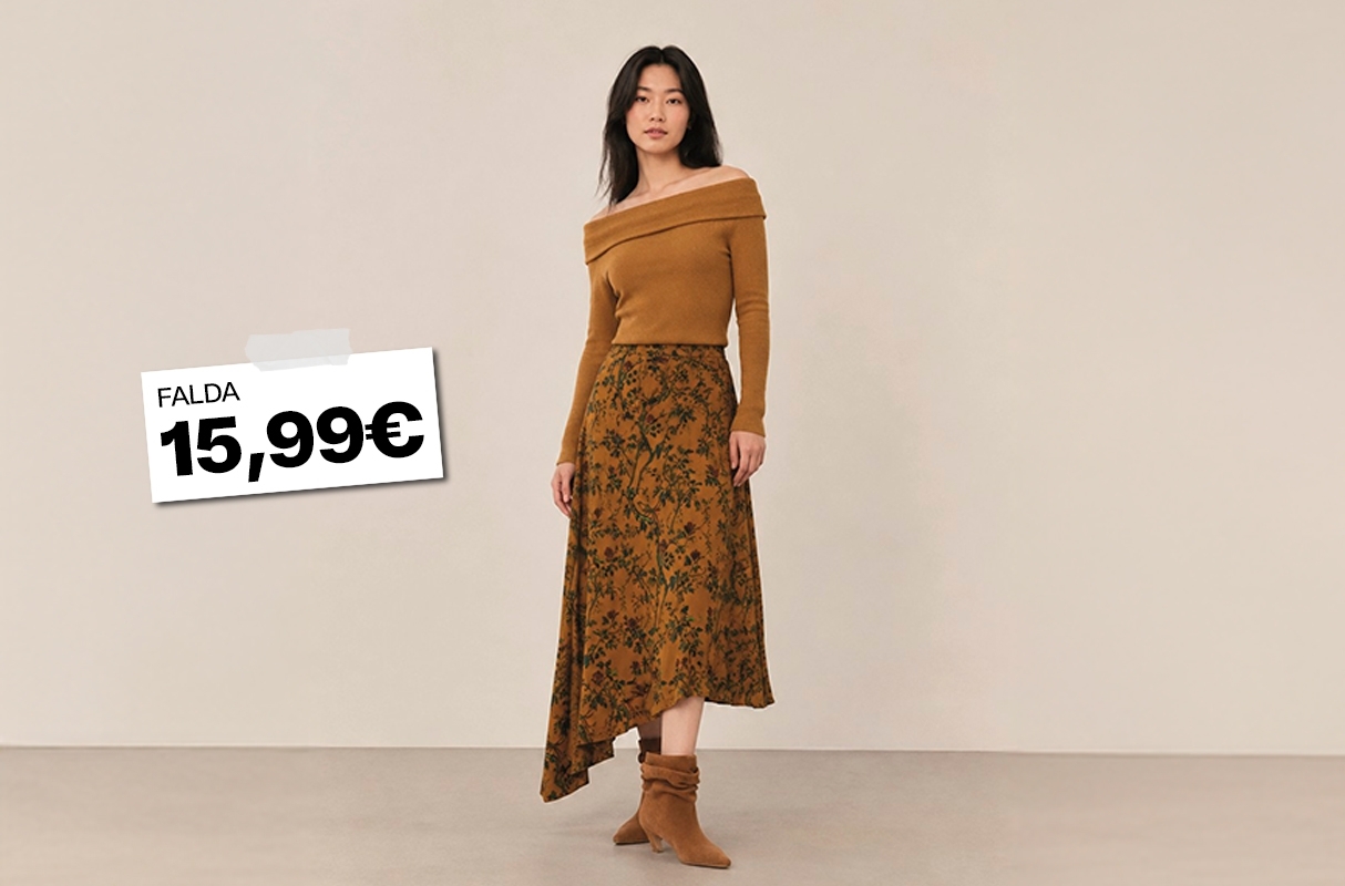  Asymmetric midi floral skirt camel front view