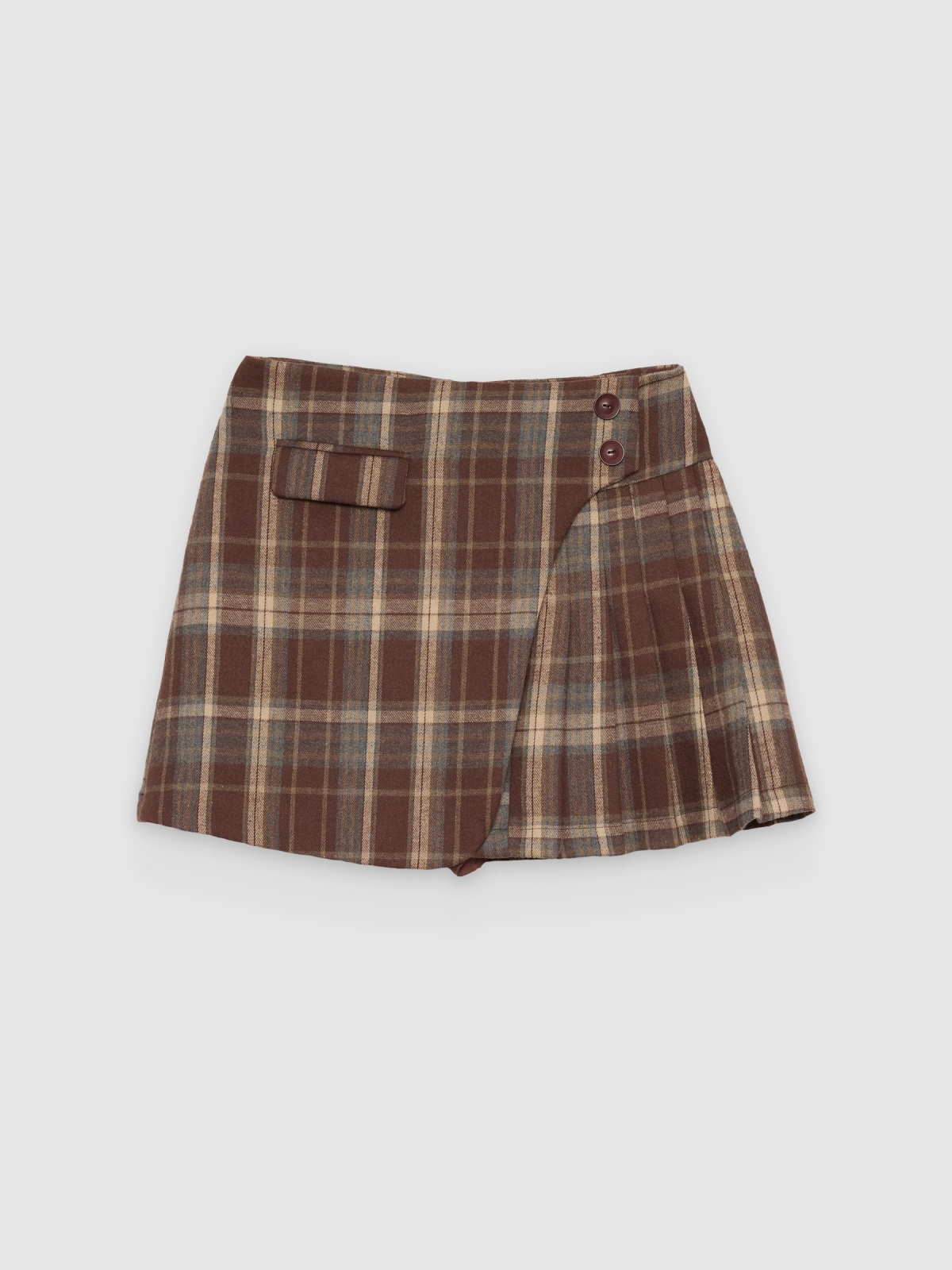 %Pto% Saia-calça plissada xadrez marrom vista frontal