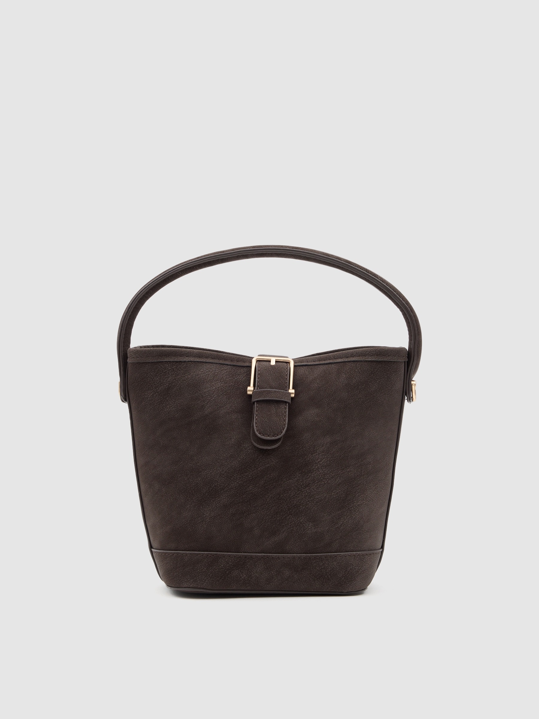 Shoulder bag with gold buckle dark brown front view