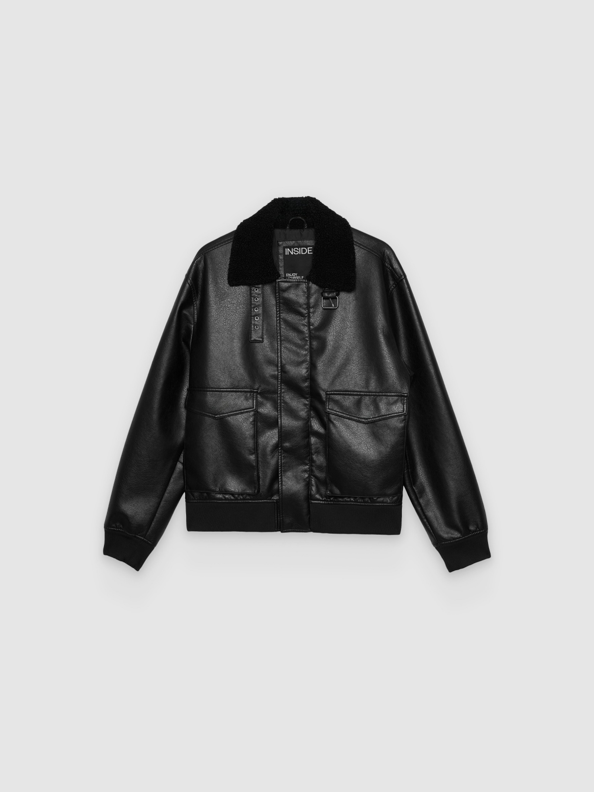 %Pto% Cazadora polipiel cuello combinado negro vista frontal