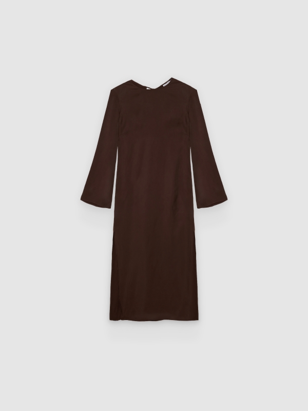  Vestido midi franzido com ombreiras chocolate vista frontal