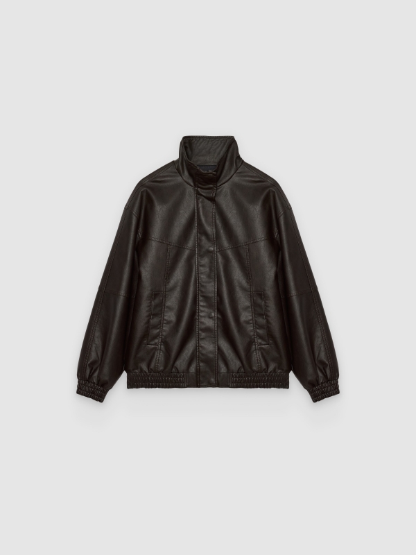  Bomber oversized efeito pele chocolate vista frontal