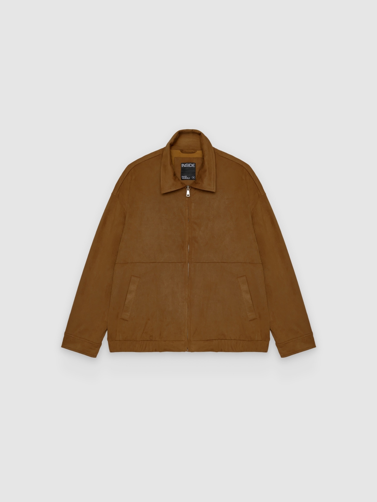 %Pto% Jaqueta bomber oversized em camurça marrom escuro vista frontal