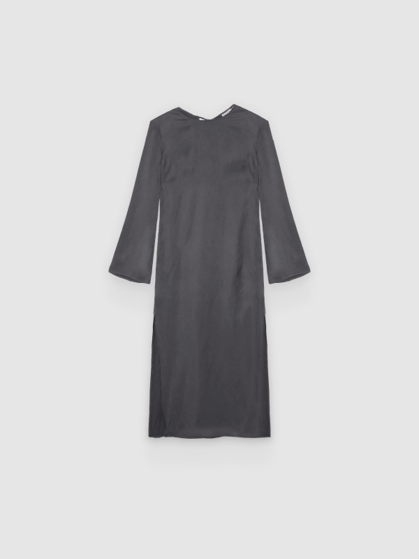  Vestido midi franzido com ombreiras cinza escuro vista frontal