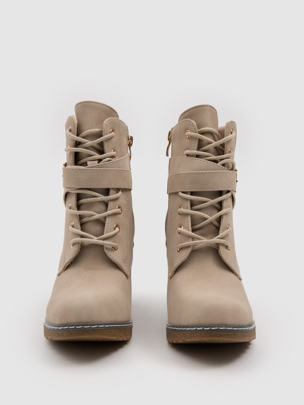 Hiking ankle boot with buckle and heel raw detail view