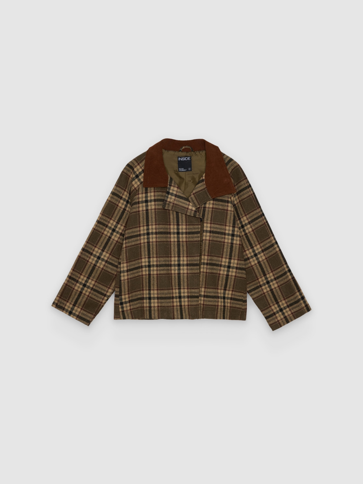 %Pto% Short oversized plaid trench khaki front view
