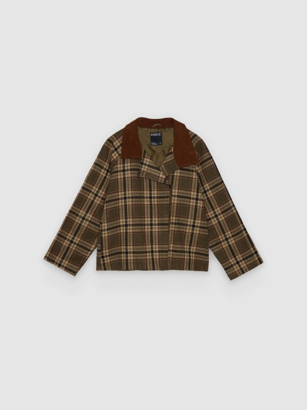  Trench curto xadrez oversized cáqui vista frontal