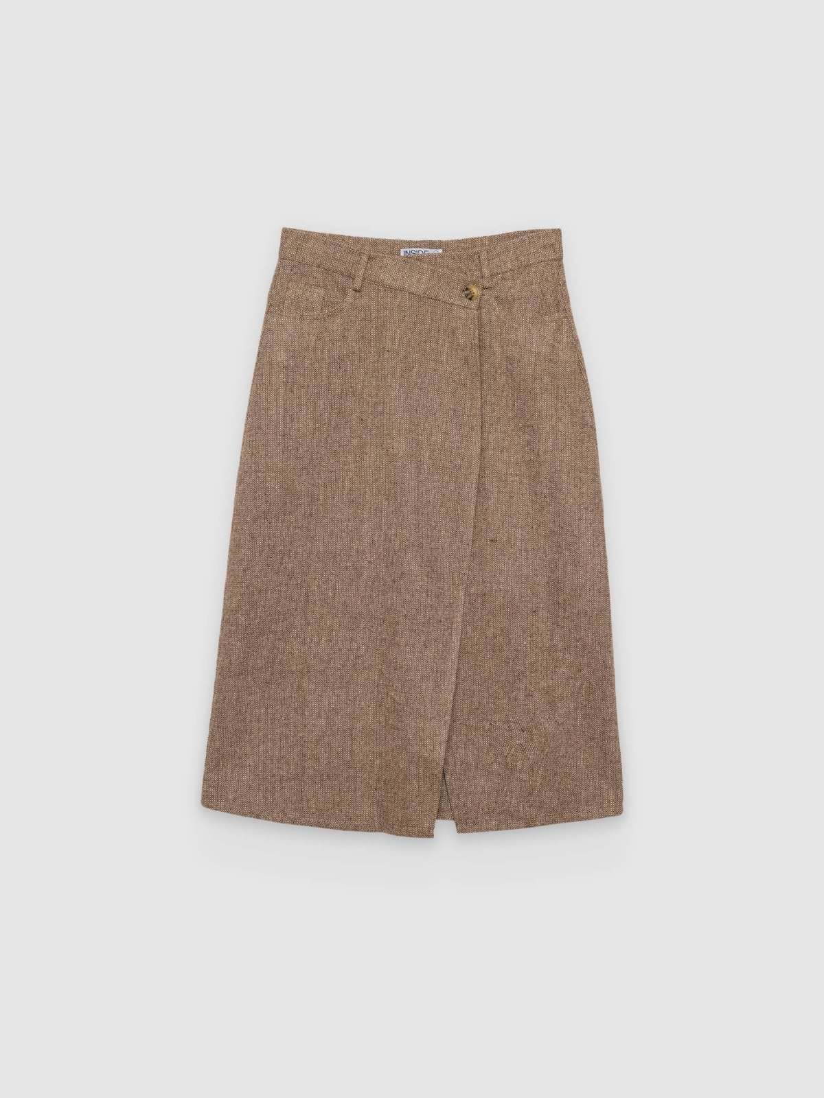 %Pto% Saia midi de tweed assimétrica marrom vista frontal