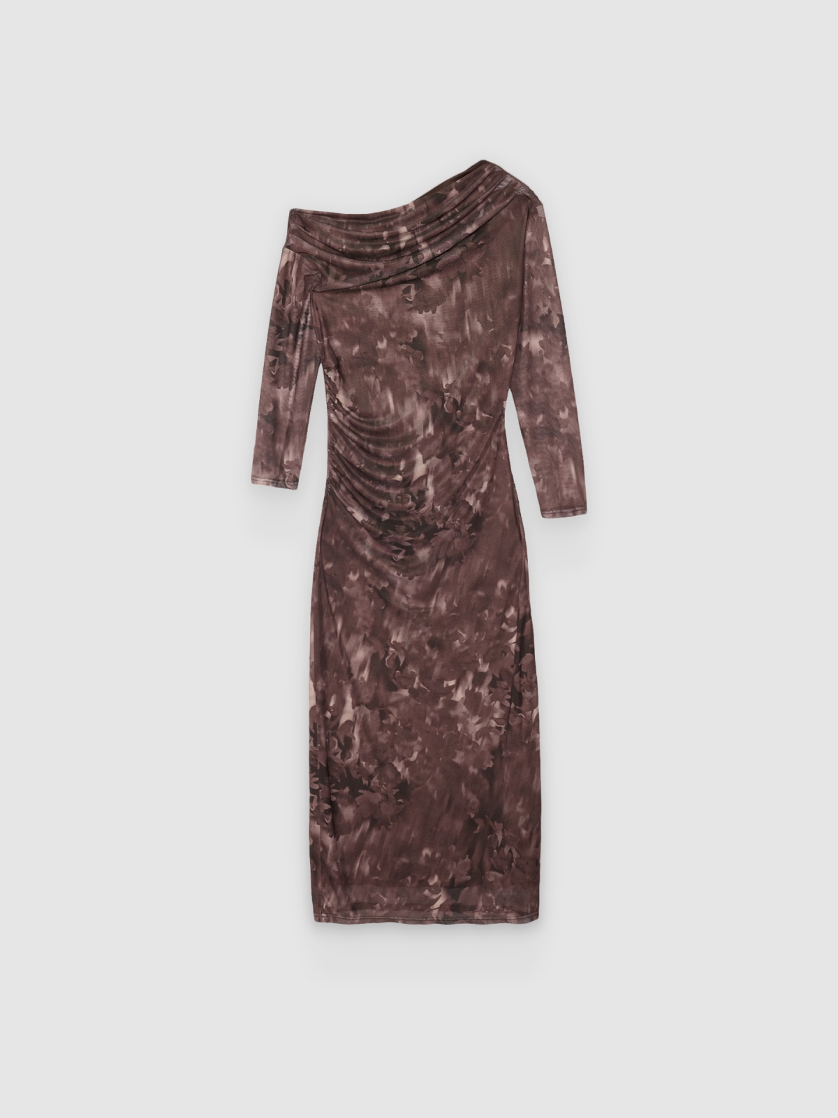%Pto% Vestido midi tul floral asimétrico chocolate vista frontal