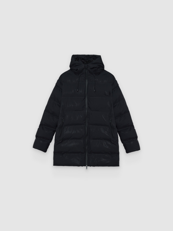  Quilted nylon hooded jacket black front view