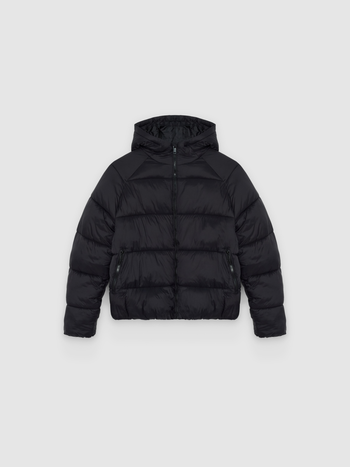 %Pto% Jaqueta acolchoada de nylon com capuz preto vista frontal