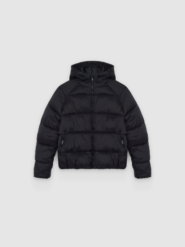  Quilted nylon hooded jacket black front view