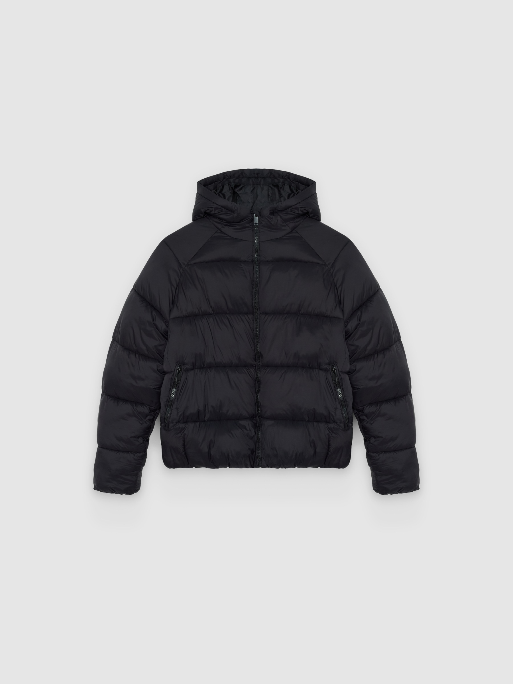 %Pto% Jaqueta acolchoada de nylon com capuz preto vista frontal