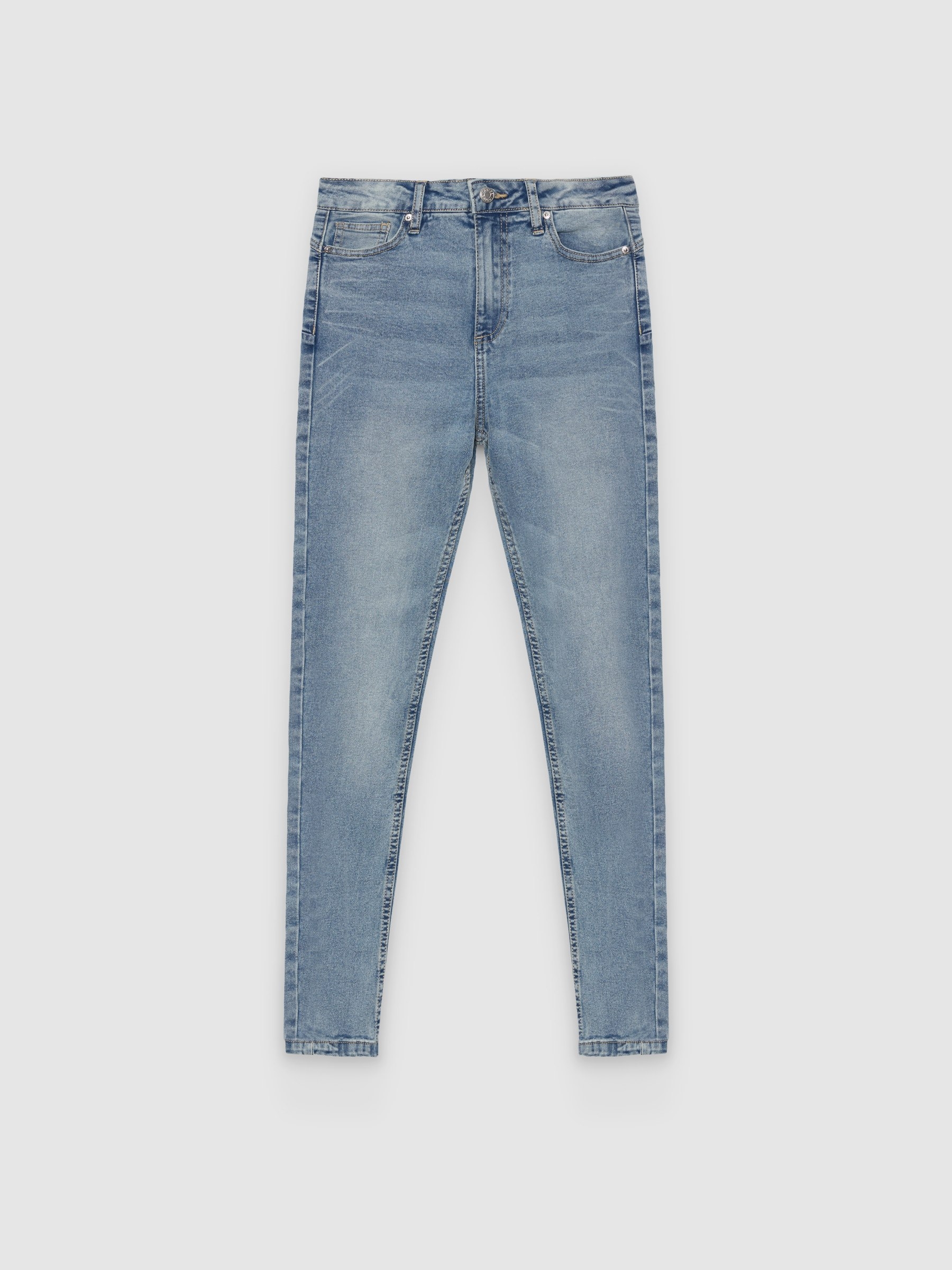 Jeans mid rise skinny push up azul claro vista geral frontal
