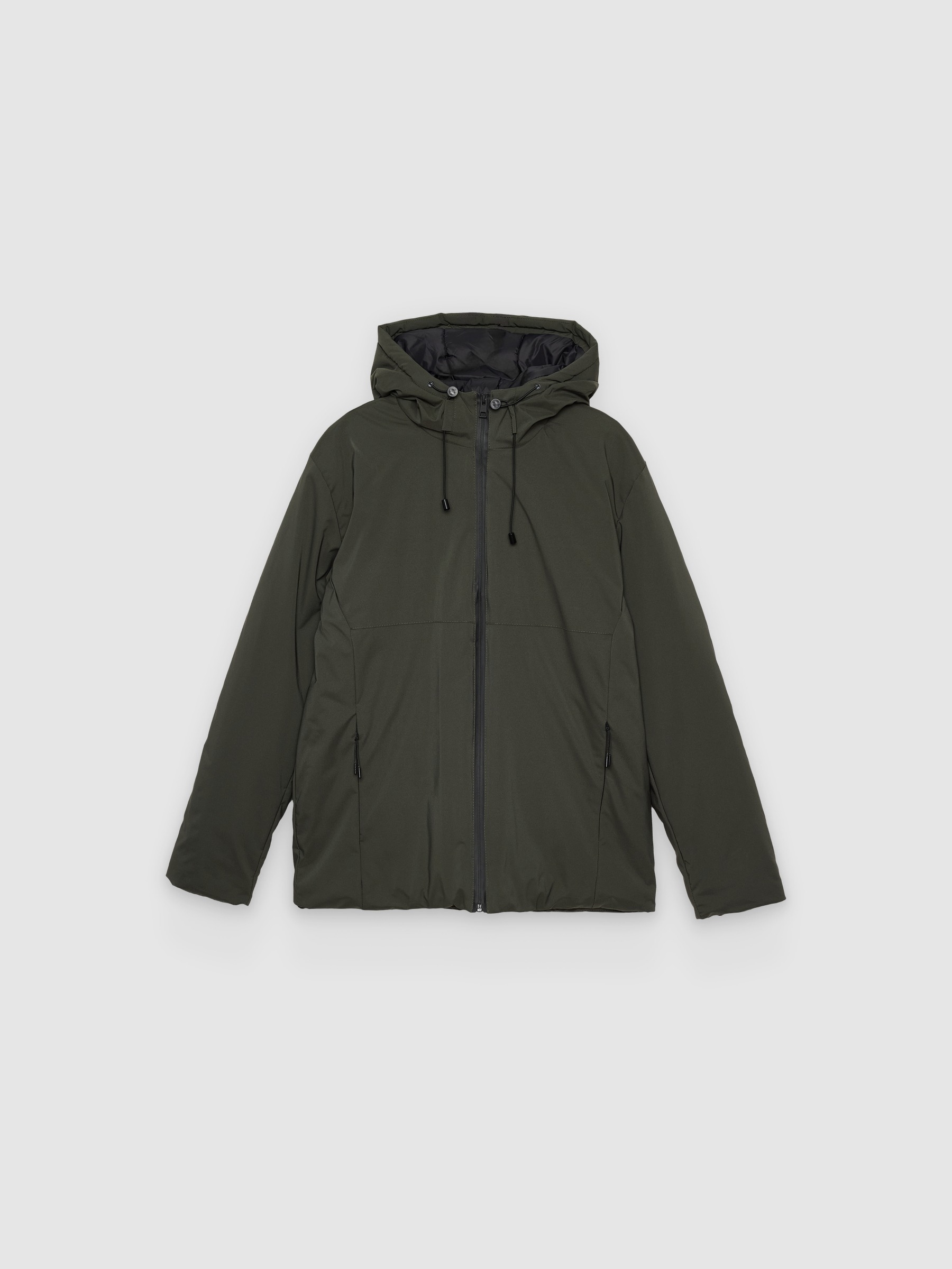  Quilted hooded nylon jacket khaki front view