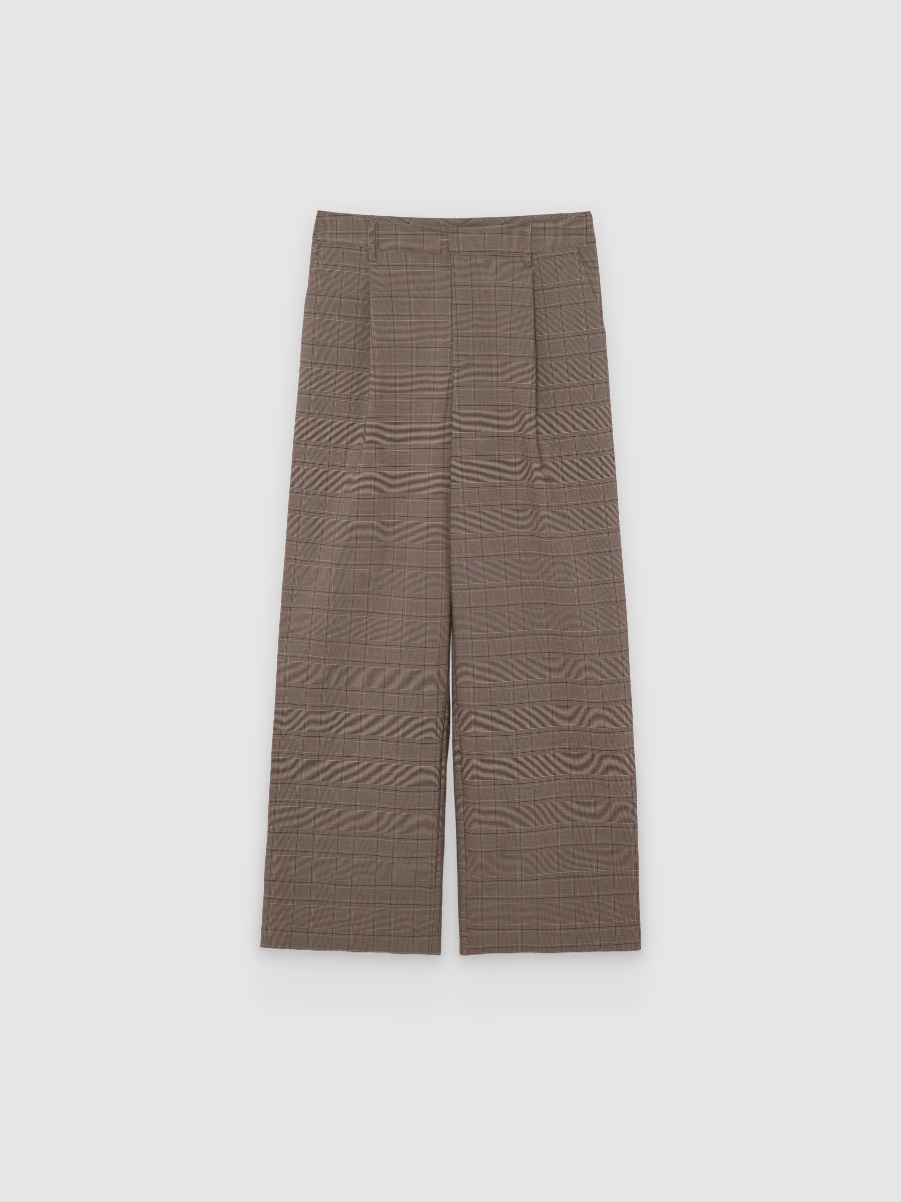 %Pto% Calça de pregas xadrez taupe vista frontal