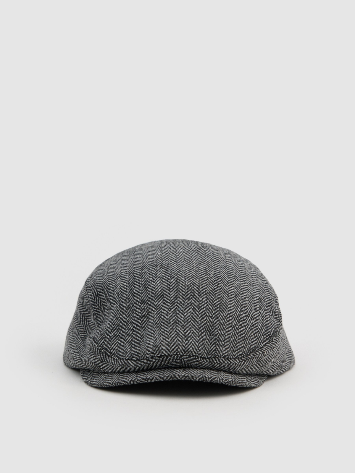 Boina newsboy espinha de peixe cinza vista lateral frontal 45º