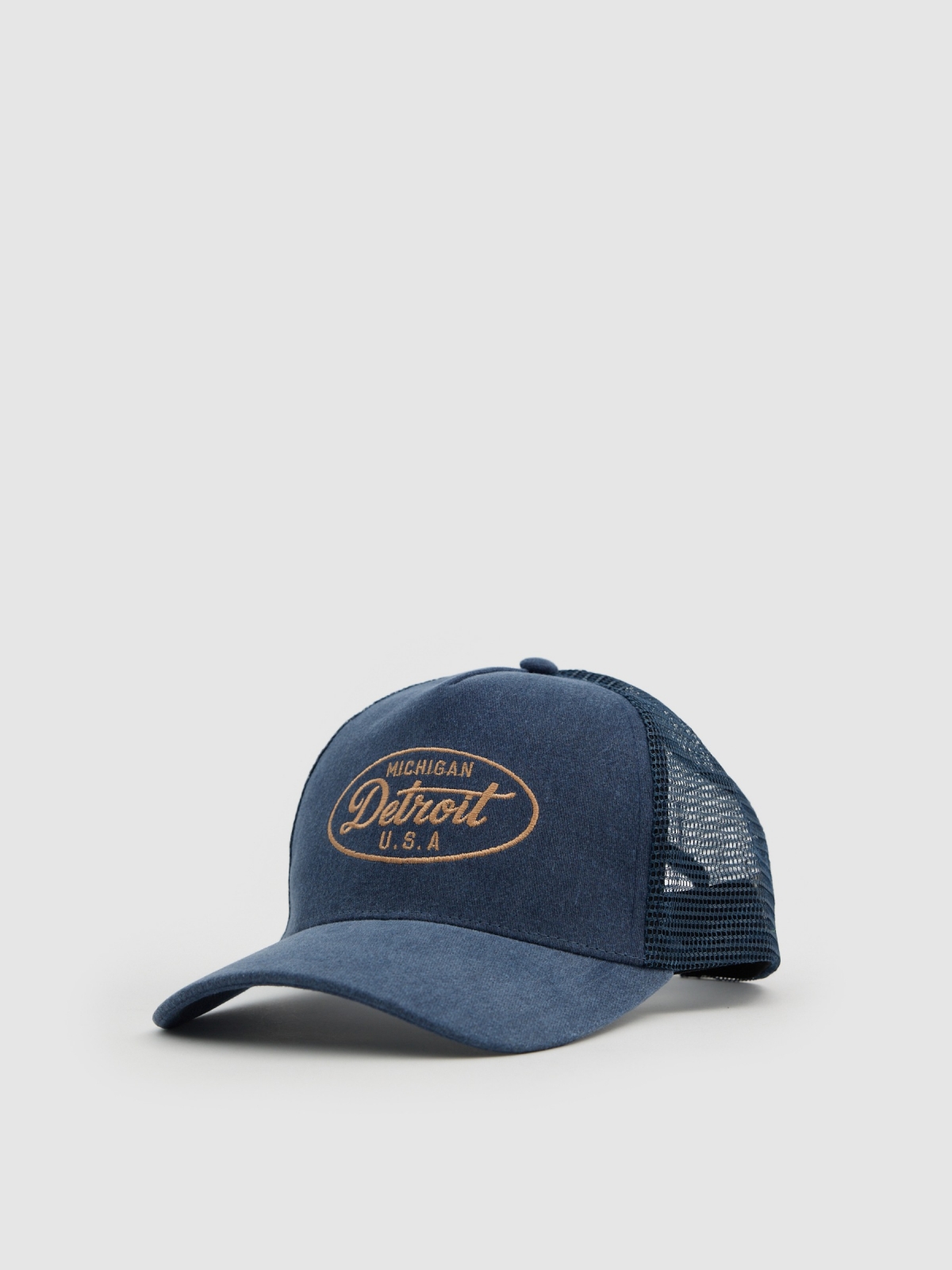 Gorra trucker detroit azul vista lateral trasera 45º
