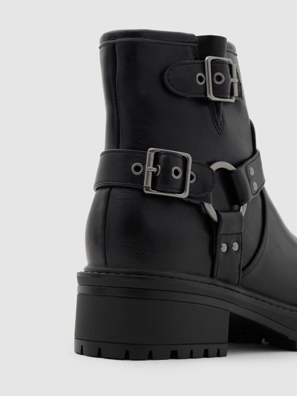 Flat microfiber biker ankle boot black detail view