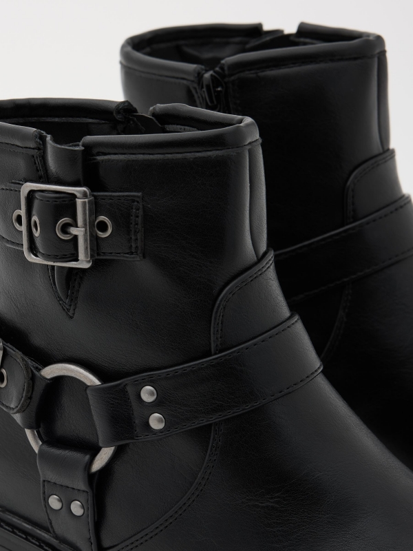 Flat microfiber biker ankle boot black detail view