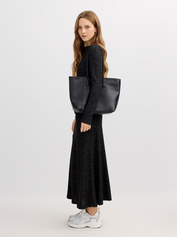 Leather effect shopper bag black detail view