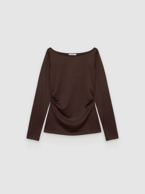  Long-sleeved ruched T-shirt chocolate front view