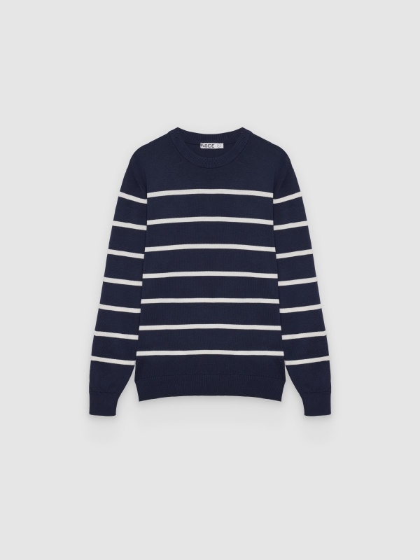  Round neck sweater with contrast stripes navy front view