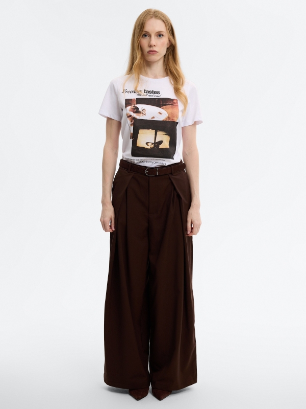 Maxi pleated trousers with belt chocolate front view