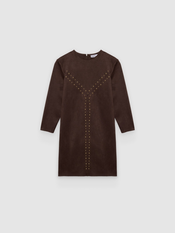  Vestido mini de camurça com tachas chocolate vista frontal