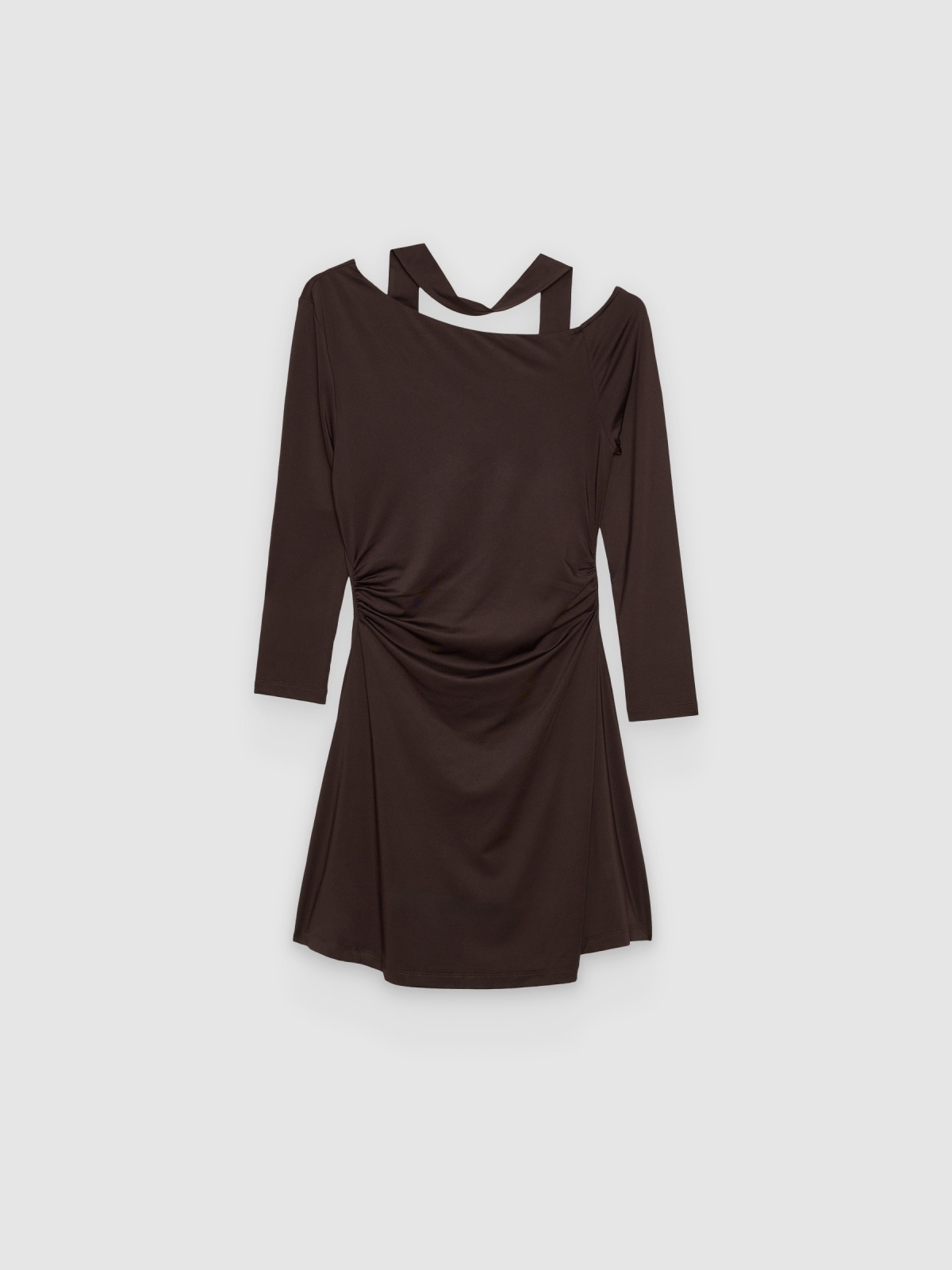 %Pto% Vestido mini assimétrico drapeado chocolate vista frontal