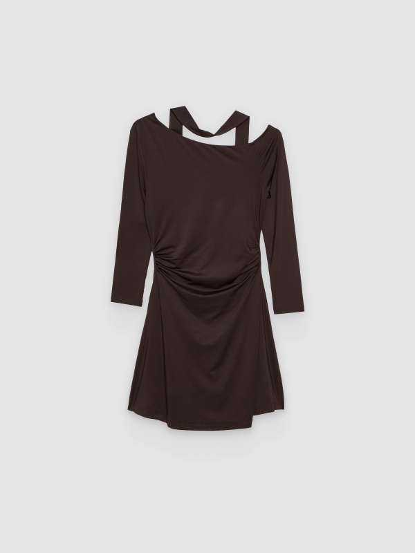  Asymmetrical draped mini dress chocolate front view