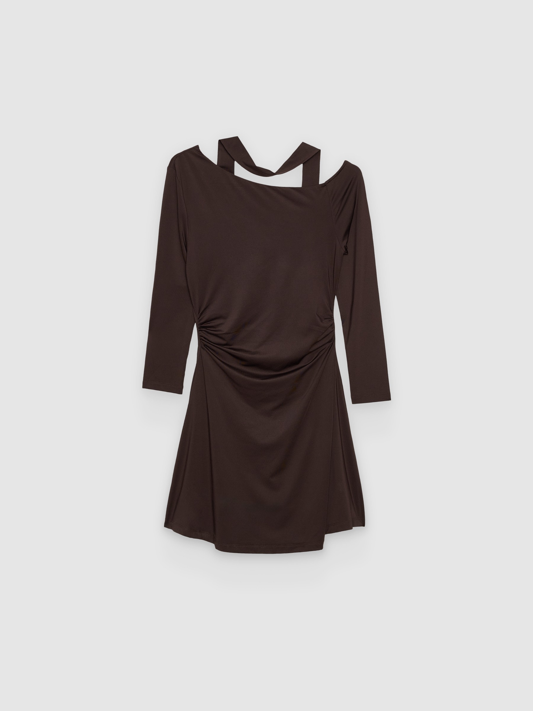 %Pto% Vestido mini asimétrico drapeado chocolate vista frontal