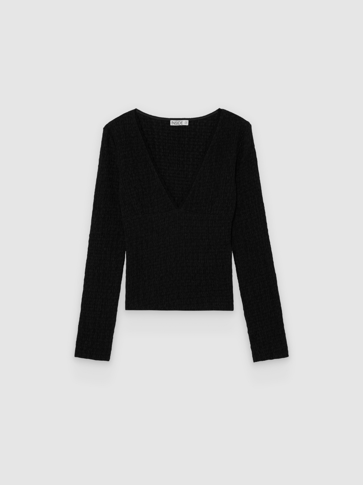 %Pto% Top cuello pico manga larga negro vista frontal